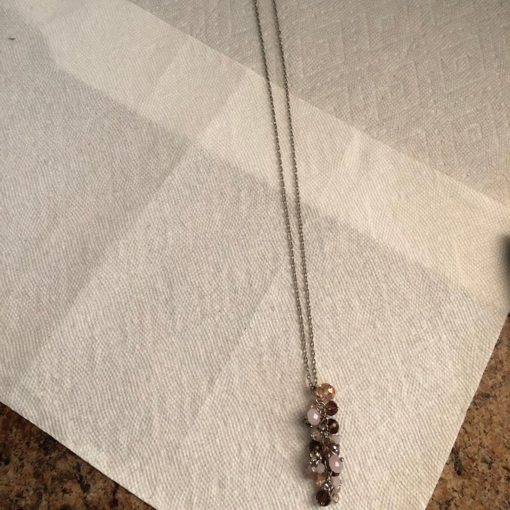 34" long Necklace silver tone metal chain and beads pendant multimedia